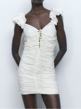 Zara Ivory Ruched Lace-Up Mini Dress with Ruffle Straps, size S-M